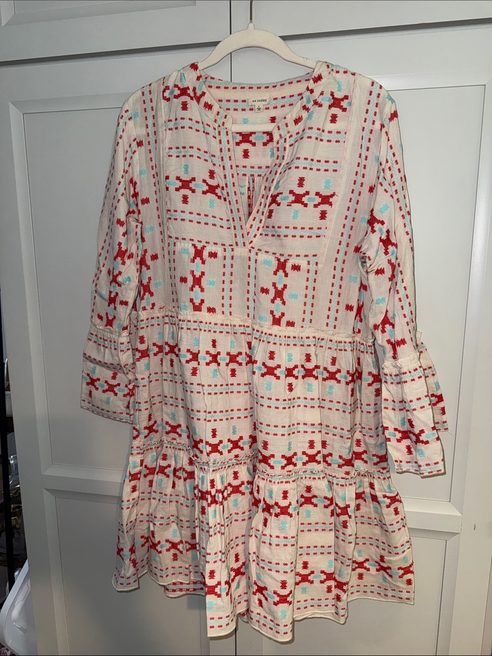 En Crème Boho Tiered V-Neck Geometric Pattern Mini Dress in Large Boutique